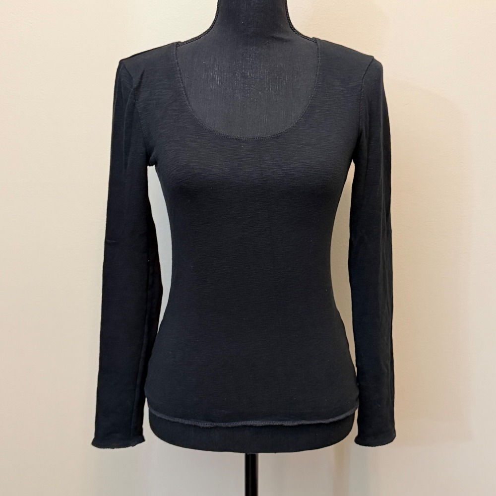 Madewell Womens XS Black Scoop Neck Long Sleeve Cotton Tee Top Y2K Distressed